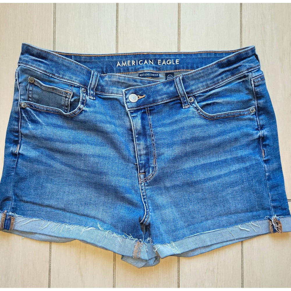 American Eagle Outfitters High-Rise Shortie Cut Off Stretch Denim Shorts Blue 14
